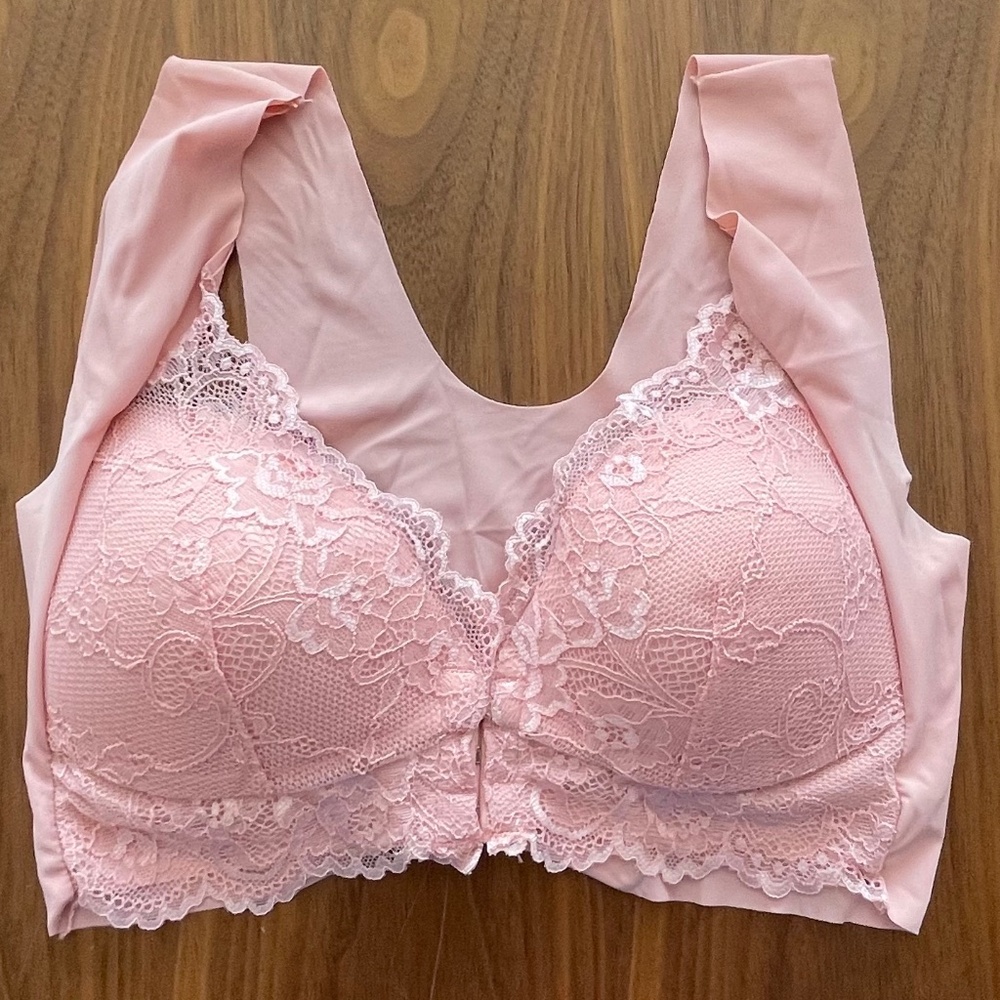 Front Closure -Full Back coverage-Wireless Lace Bra-Pink (L/XL)